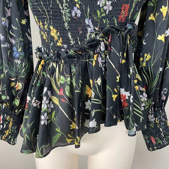 Alexis Womens Small Floral Smocked Off The Shoulder Blouse Peplum Shirt Top - Picture 5 of 11